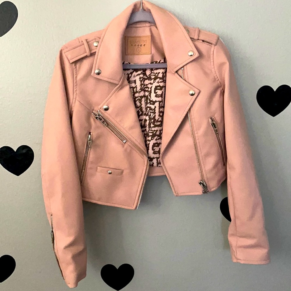 blush pink Blank NYC crop faux leather jacket